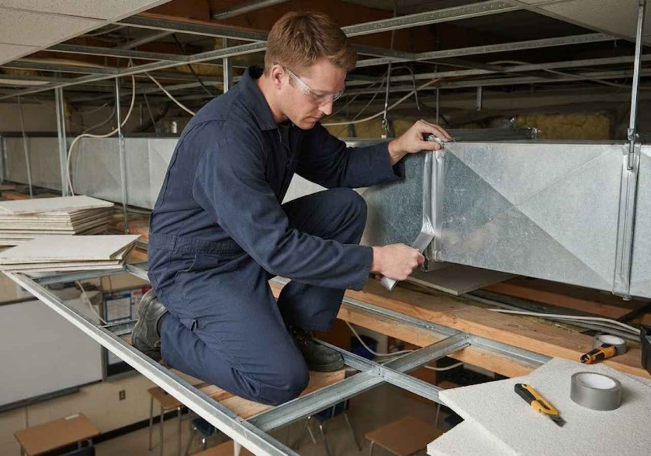 Worker in navy coveralls kneels on metal framework, sealing a rectangular HVAC duct with tape in a ceiling area. Safety glasses on.