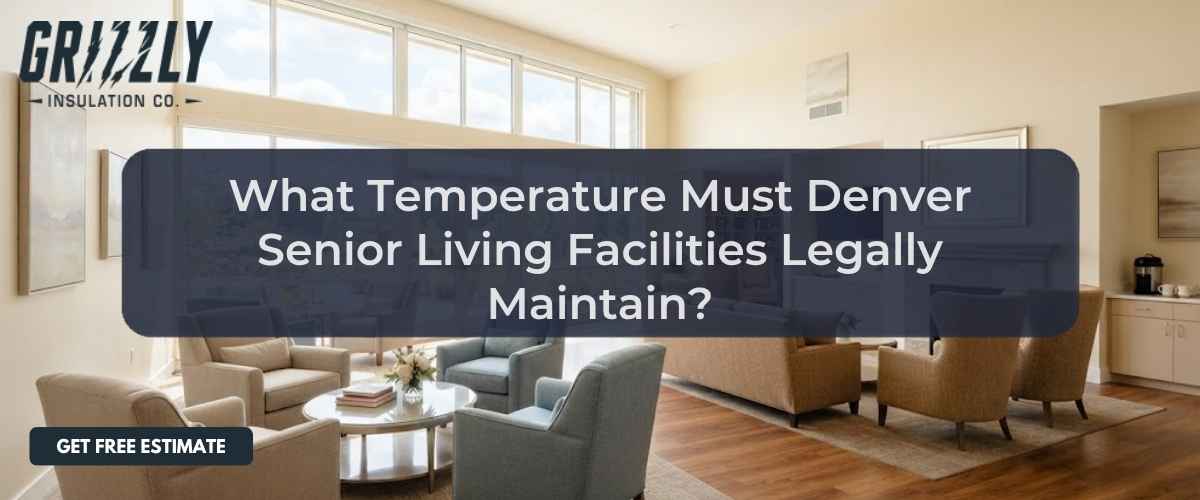 Lounge area of a senior living facility with a dark banner showing a temperature question; Grizzly Insulation logo top-left and a 'Get Free Estimate' CTA.