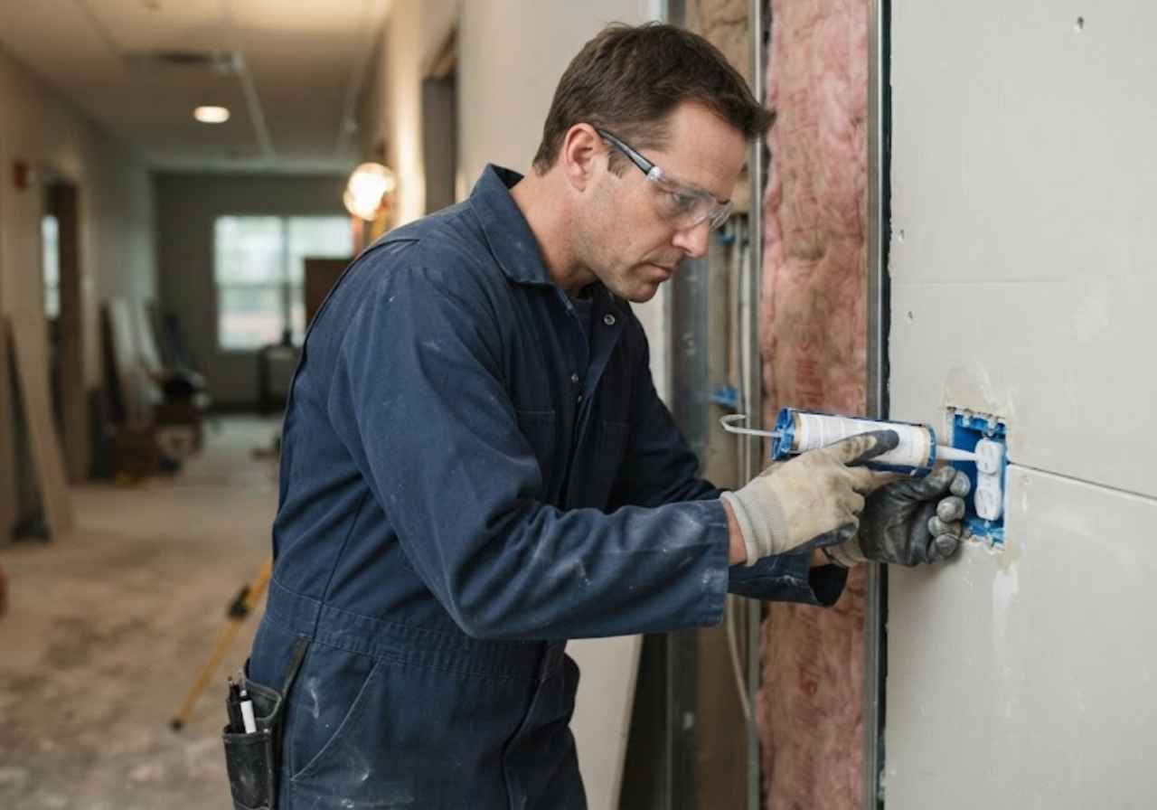 Construction worker in safety goggles and blue coveralls applying sealant with a caulk gun to a wall opening.