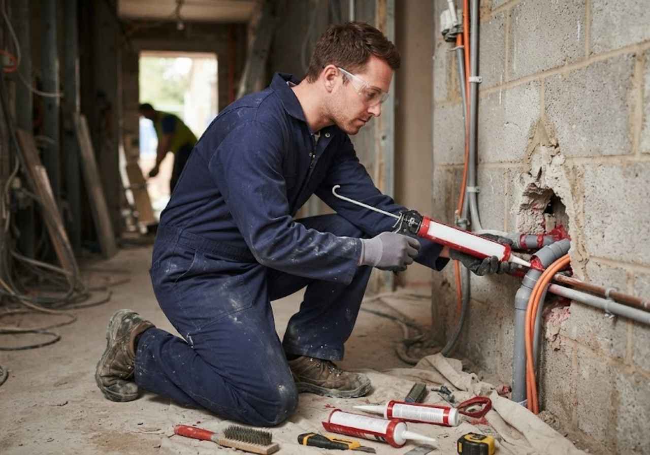 Technician sealing a party wall penetration in a Denver townhome