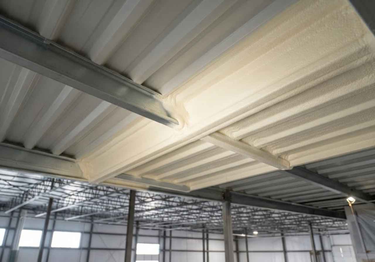 Spray foam application along a Denver warehouse roof seam