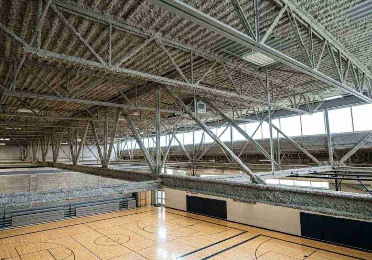 Spray-applied insulation on a gym ceiling