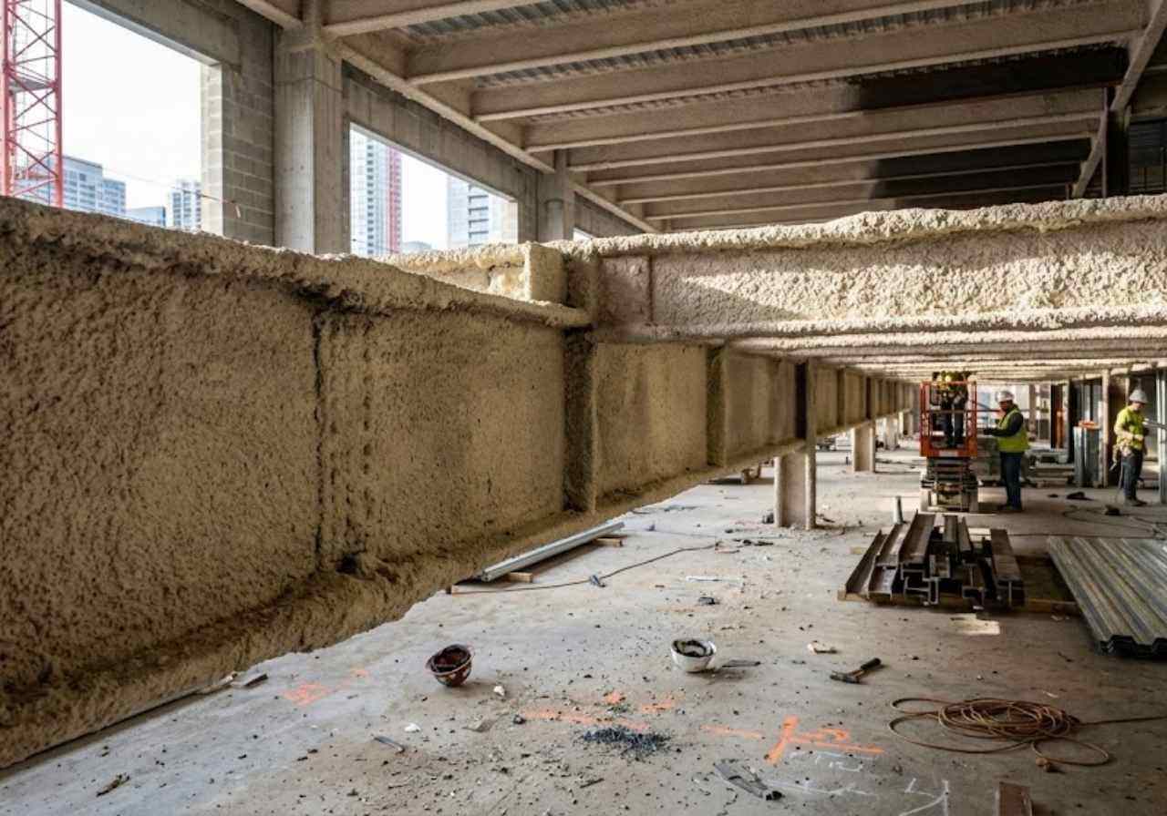 Spray fireproofing on structural steel beams