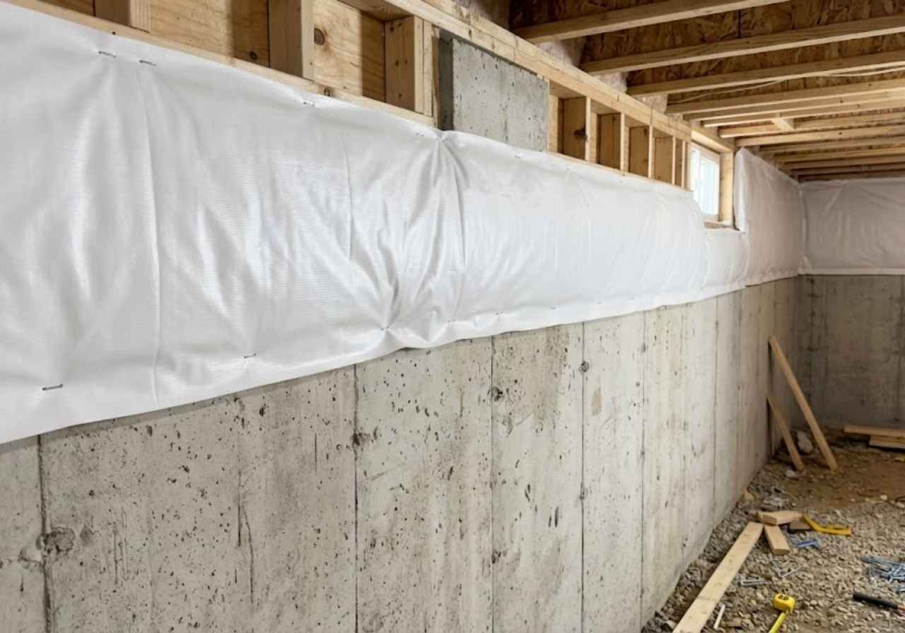 Blanket insulation on an unfinished basement wall