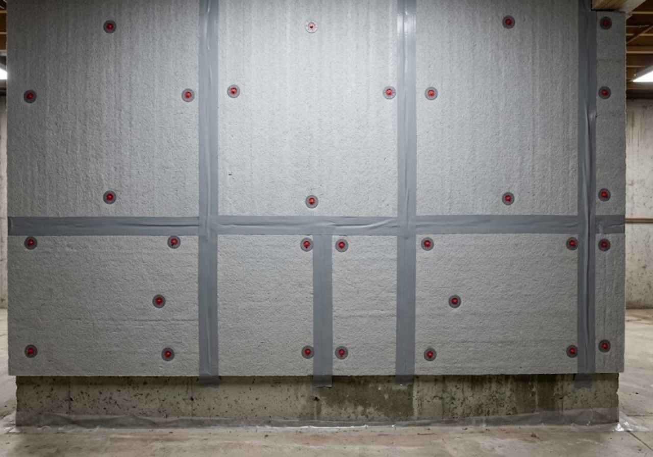 Taped rigid foam board on a Denver basement wall