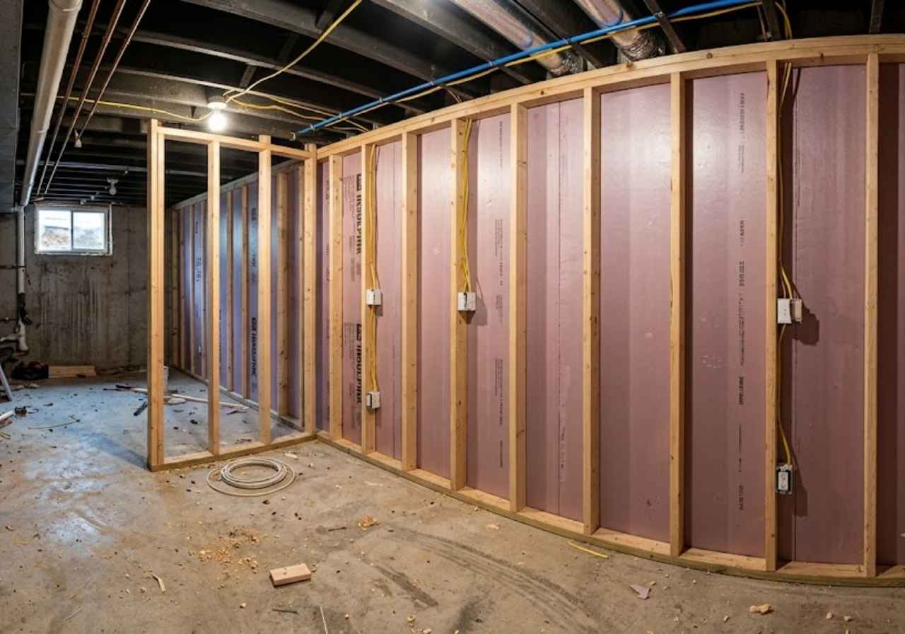 Stud wall framed over rigid foam in a basement