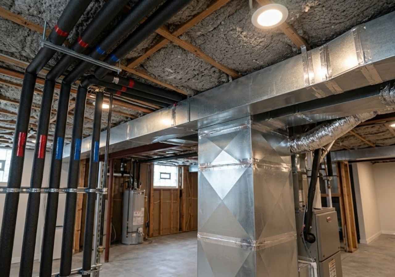 Protected pipes and ducts below basement ceiling insulation