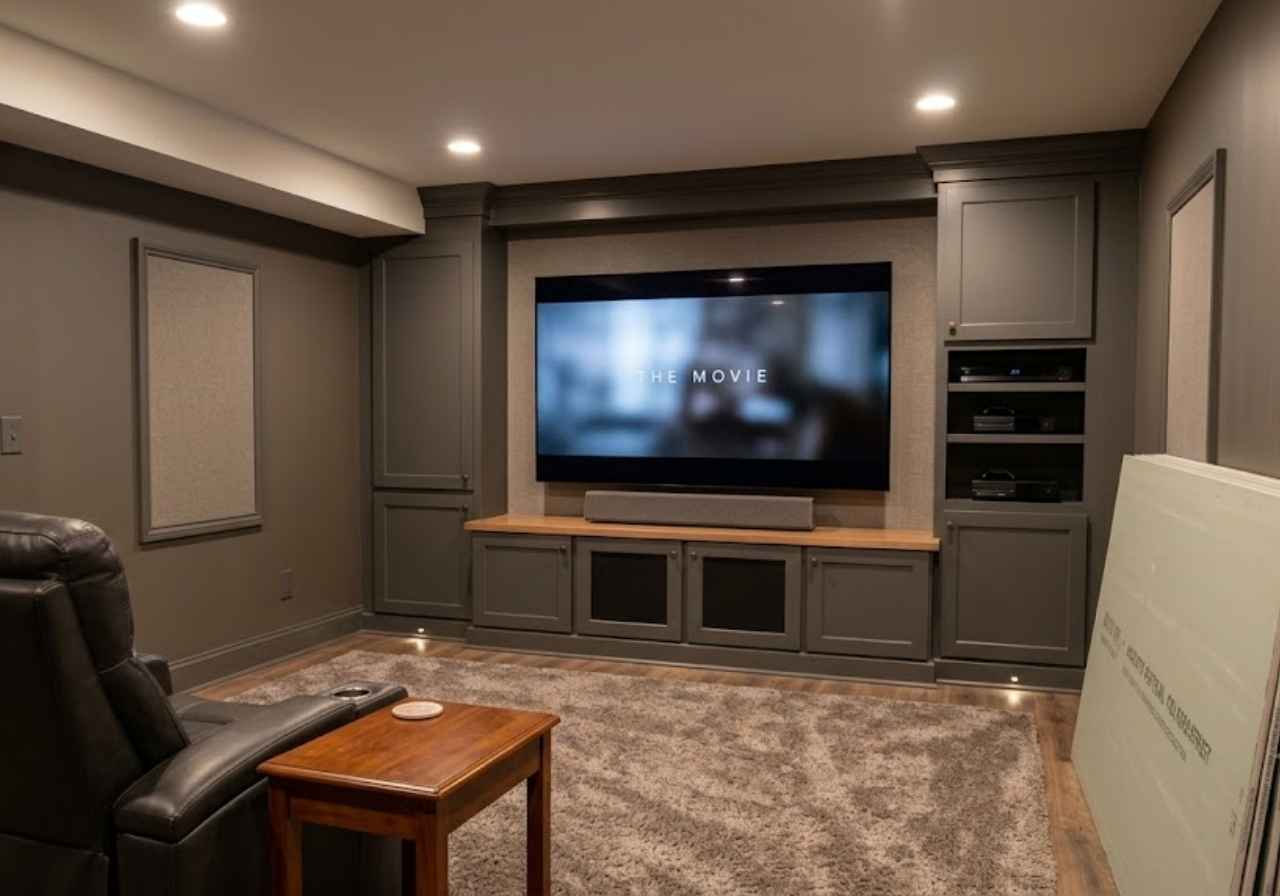 Home theater with a large wall-mounted TV, gray built-in cabinets, and a leather recliner in a cozy media room.