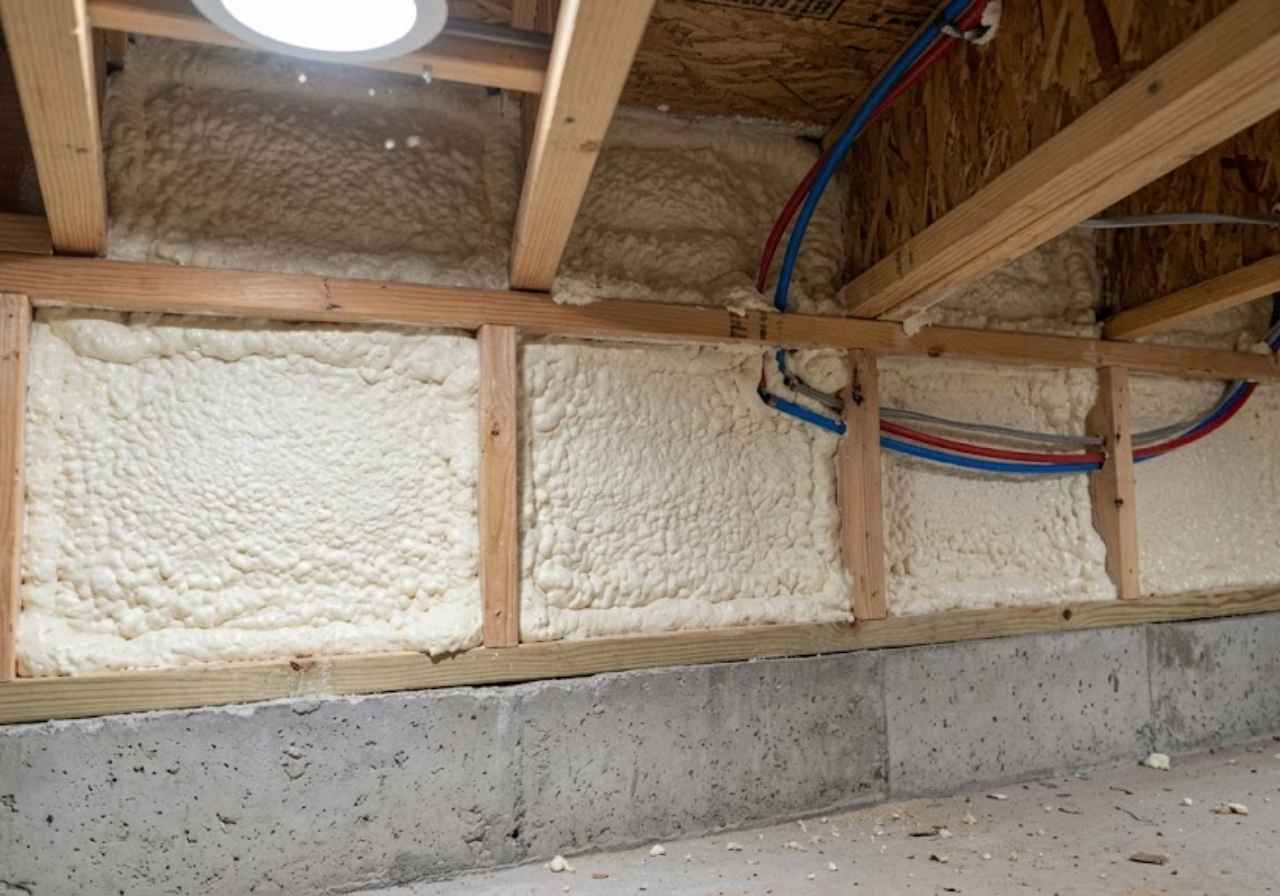 Spray foam sealing a rim joist in a Denver basement