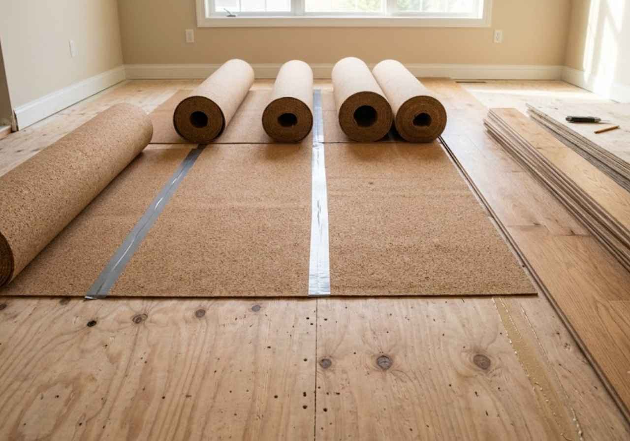 Cork underlayment to reduce footstep noise between floors