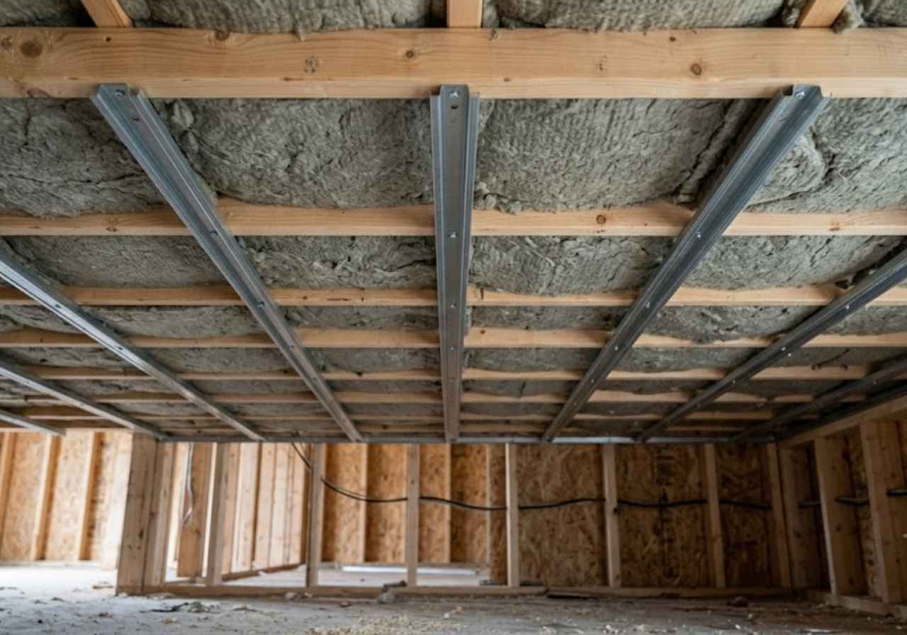 Resilient channel over ceiling insulation for sound control