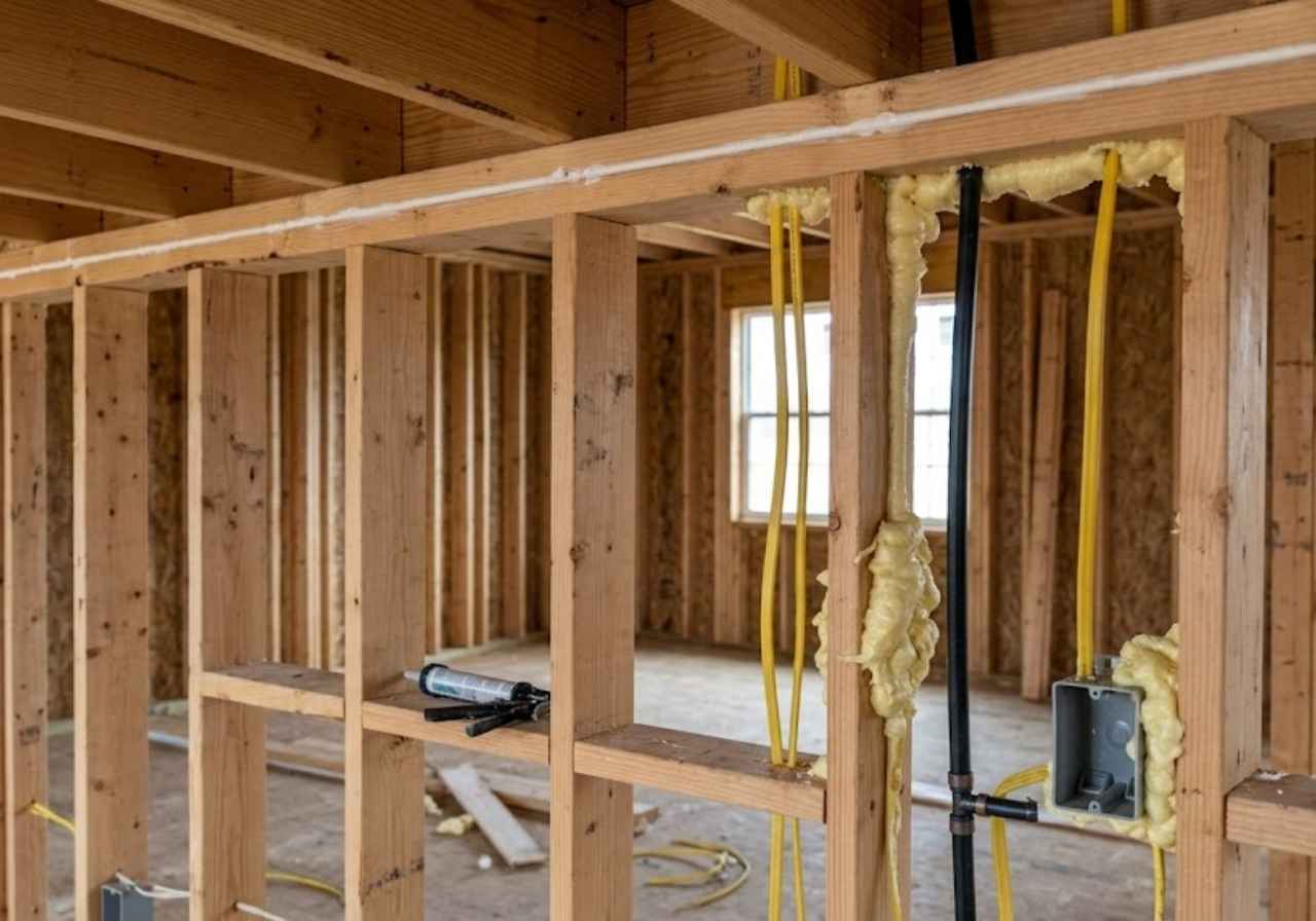 Sealed gaps in an open wall before insulation