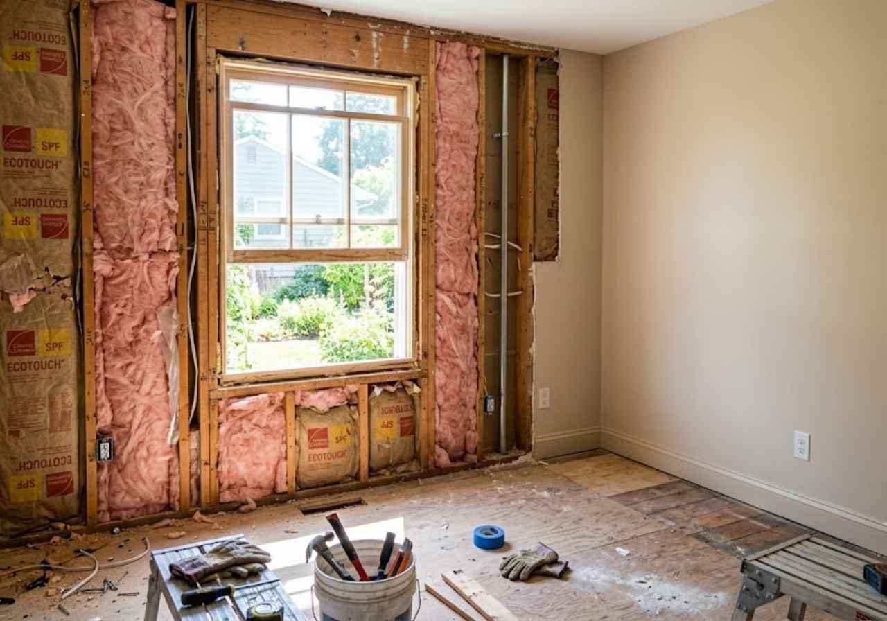 Open insulated wall beside a finished wall