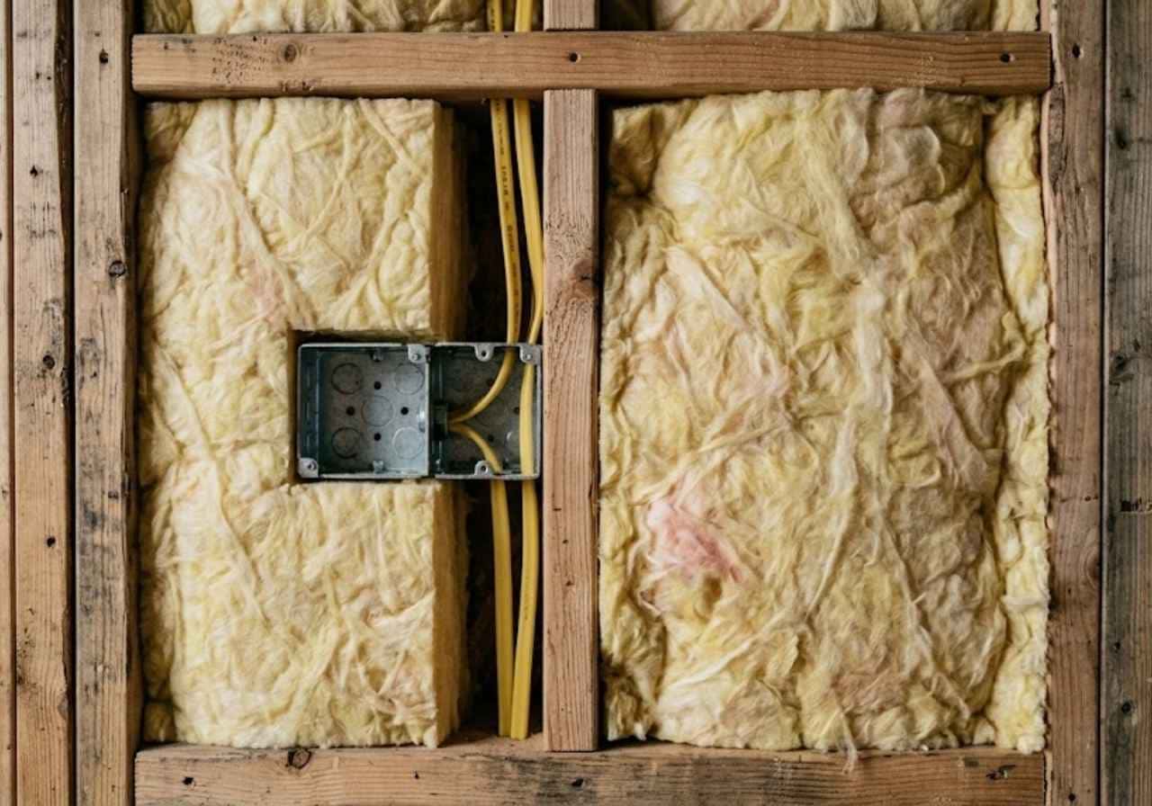 Fiberglass batts fitted between wall studs