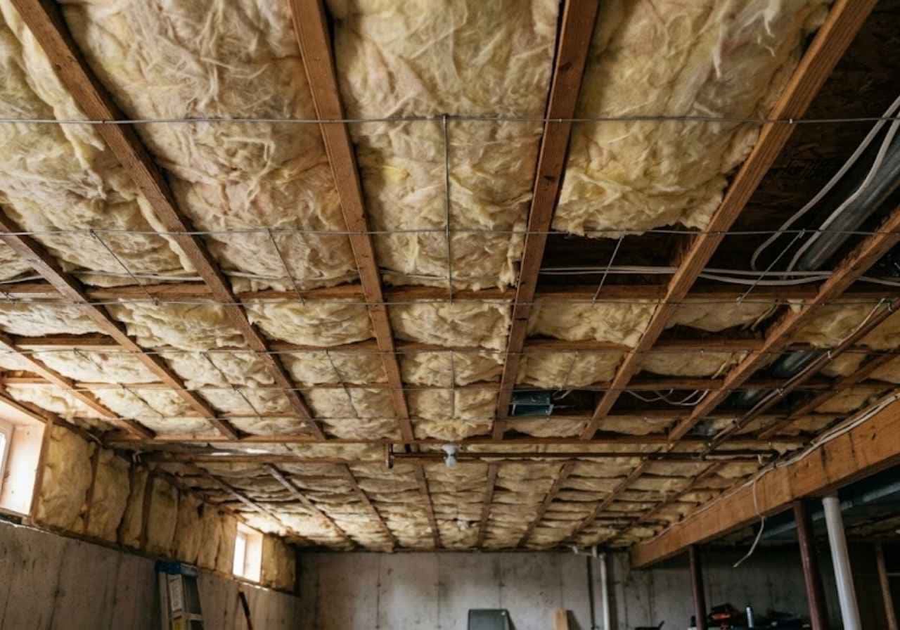 Fiberglass roll insulation in a basement ceiling