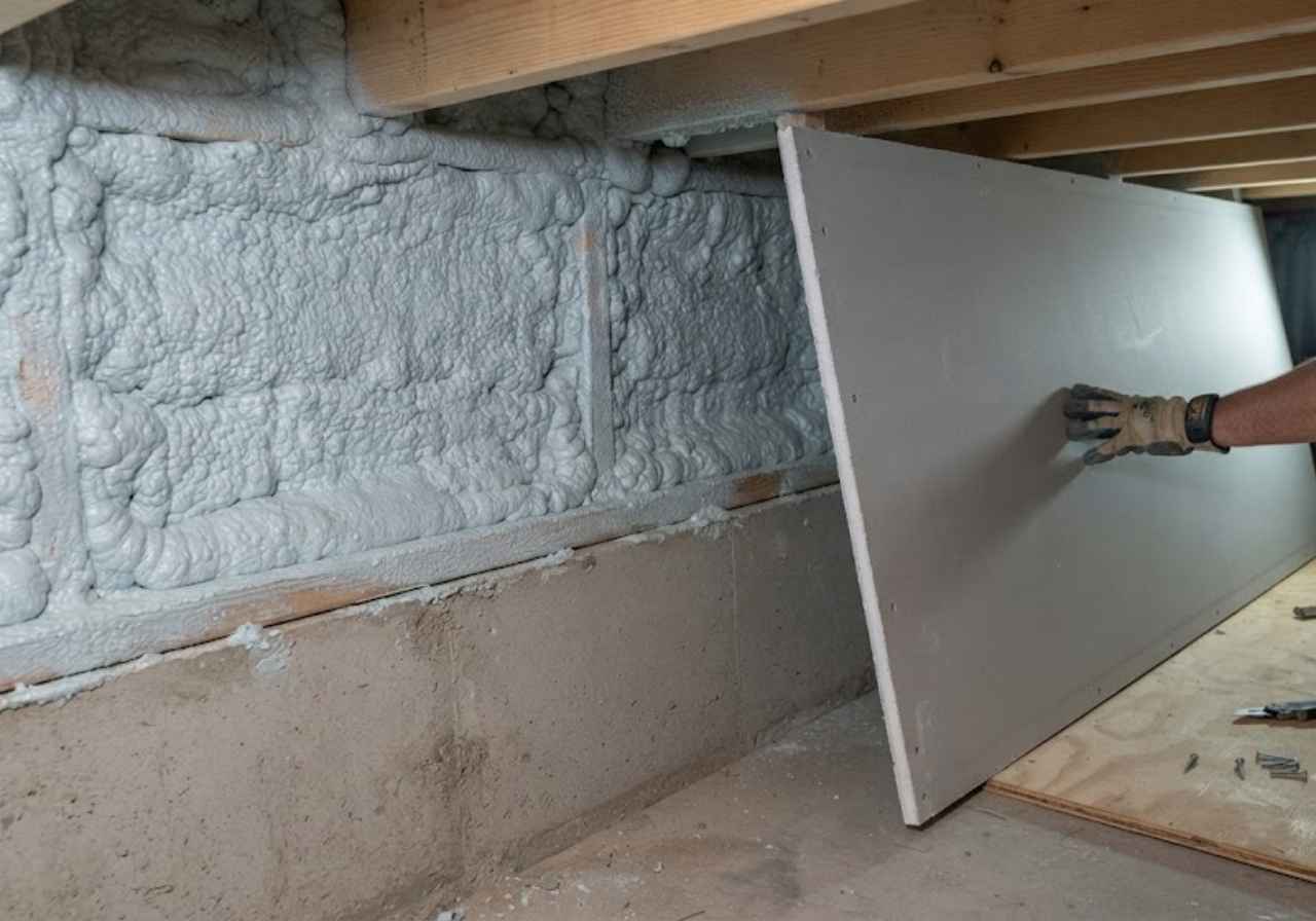Drywall thermal barrier being fitted over spray foam