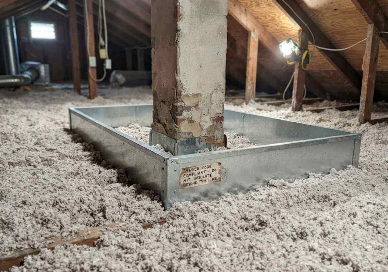 Metal dam keeping attic insulation away from a flue in Denver