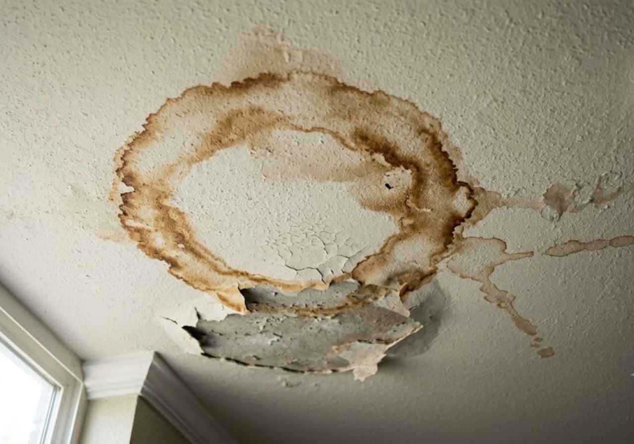 Ceiling stain from flat roof condensation in Denver