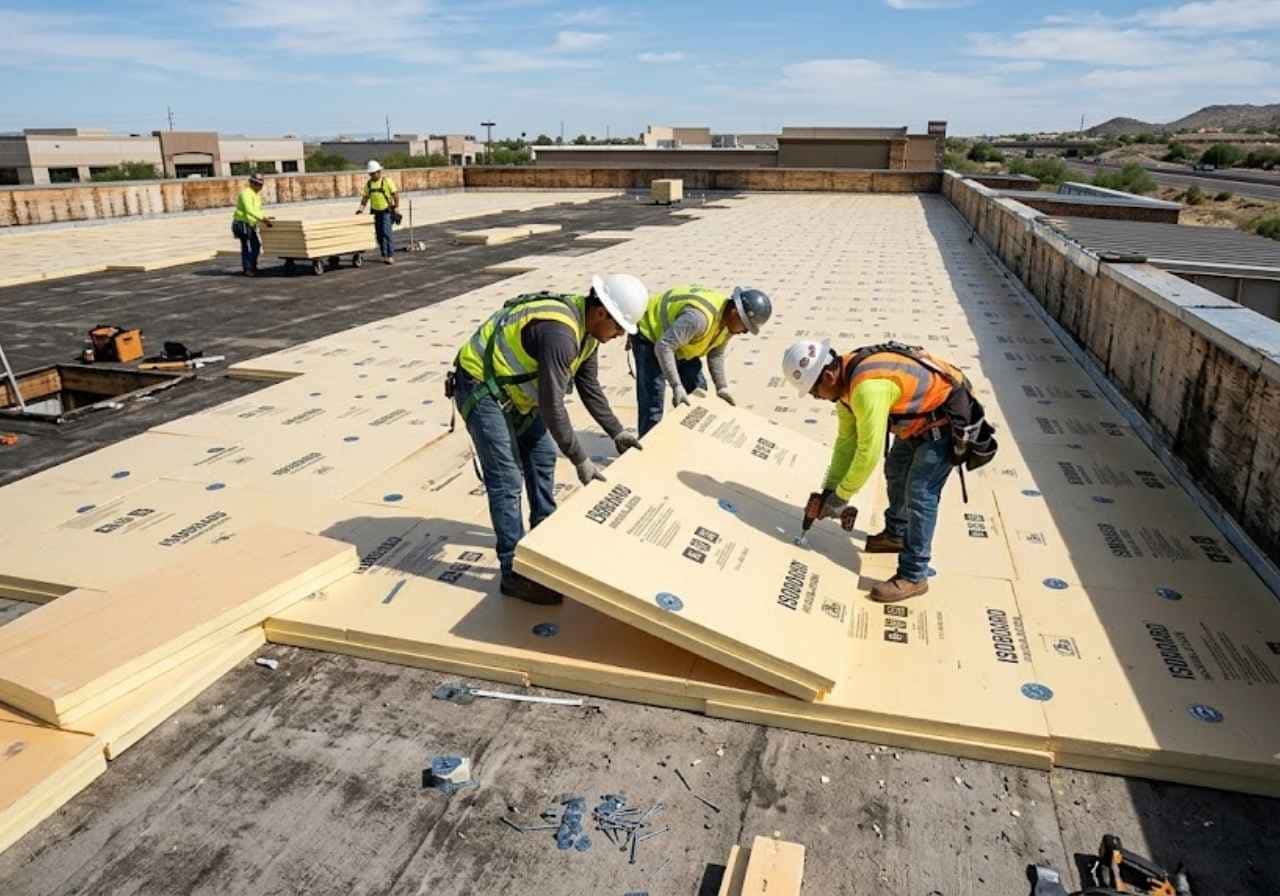 Rigid foam boards above a flat roof deck