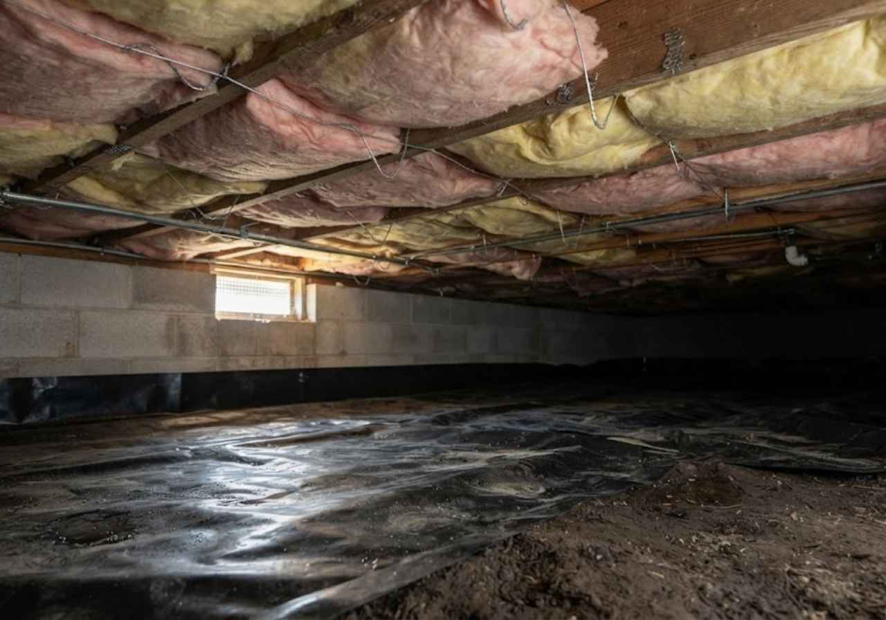 Supported floor batts and a ground vapor barrier in a crawl space
