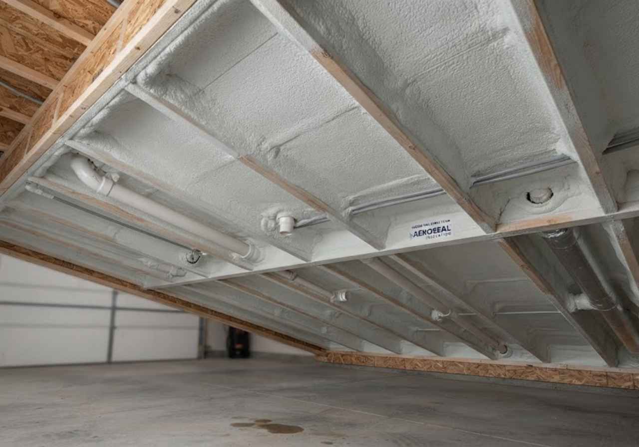 Spray foam under a bonus room floor above a Denver garage