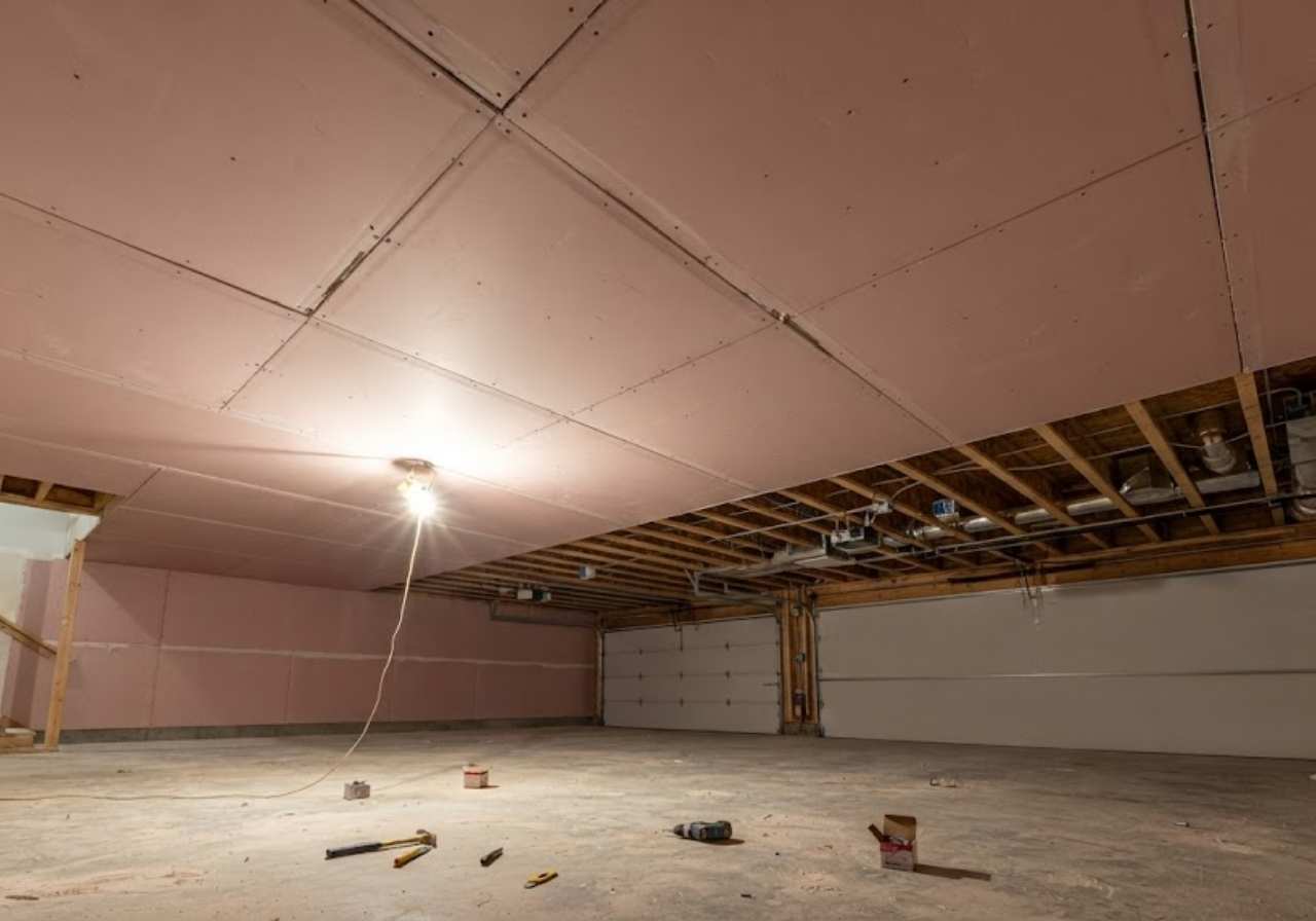 Fire-rated drywall on a garage ceiling below a Denver bonus room