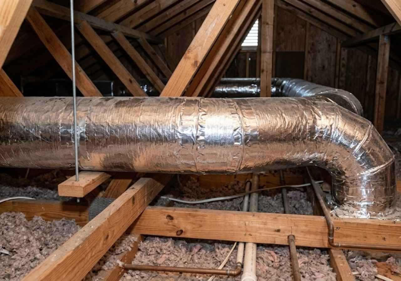 Foil faced insulation on an attic air duct in Denver