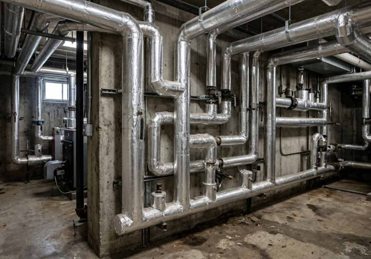 Foil faced mineral wool on boiler pipes