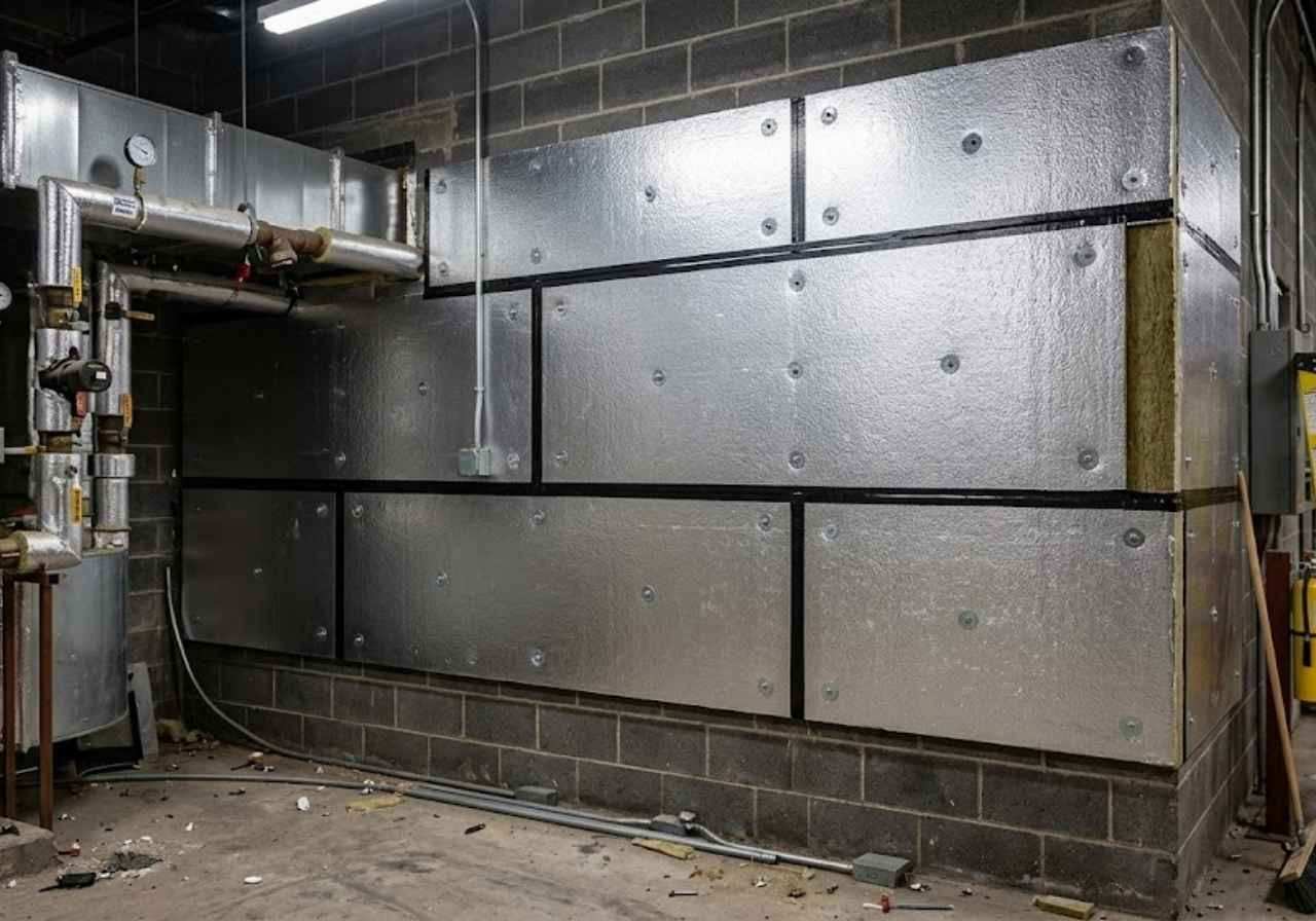 Foil faced mineral wool boards on a commercial wall