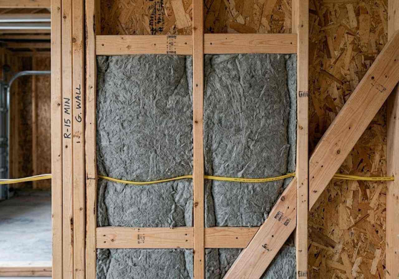 Framing of a wall with gray mineral-wool insulation and a yellow electrical cable.