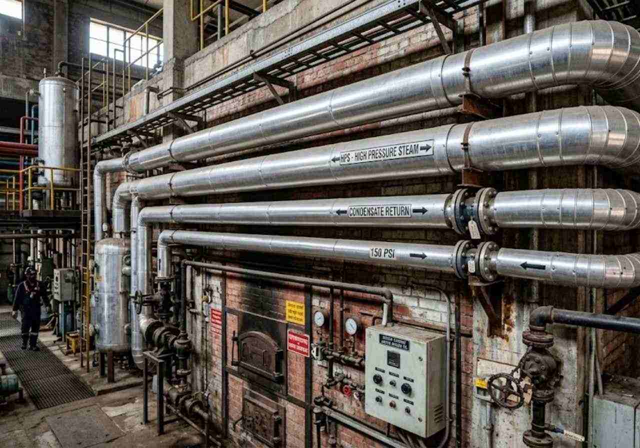 Insulated steam lines in a Denver boiler room
