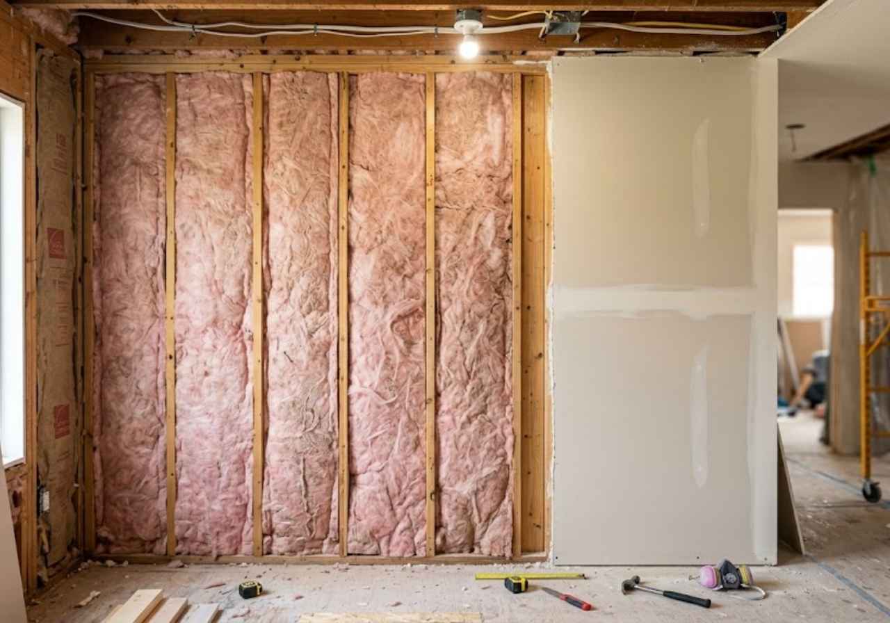 Fiberglass batts beside finished drywall in a Denver remodel