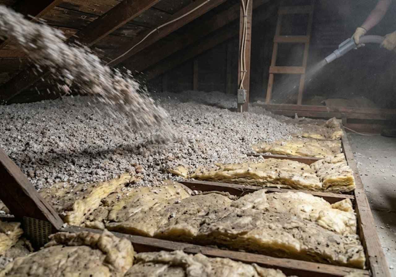 Loose fill topping up old batts in a Denver attic
