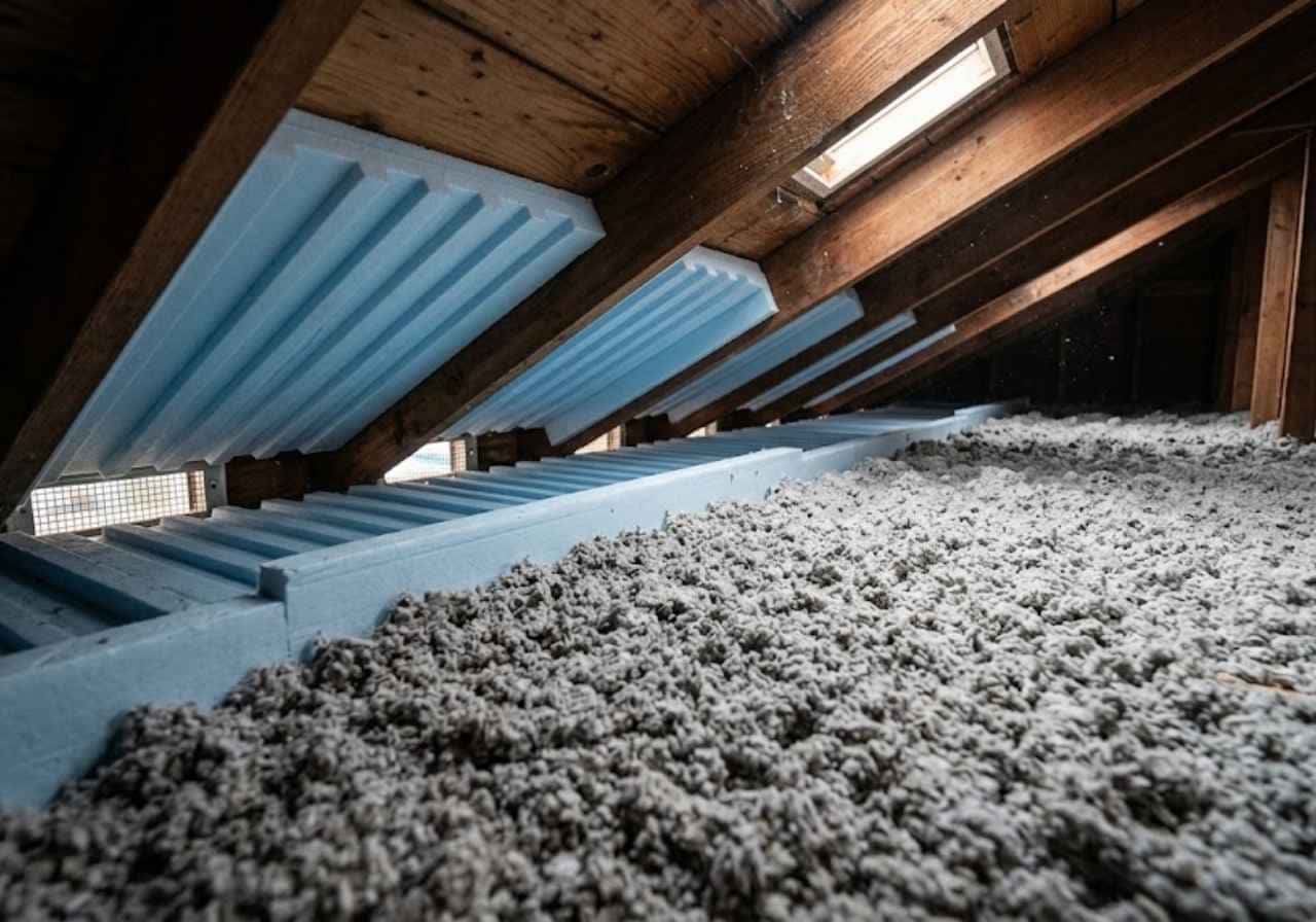 Eave baffles holding loose fill away from soffit vents