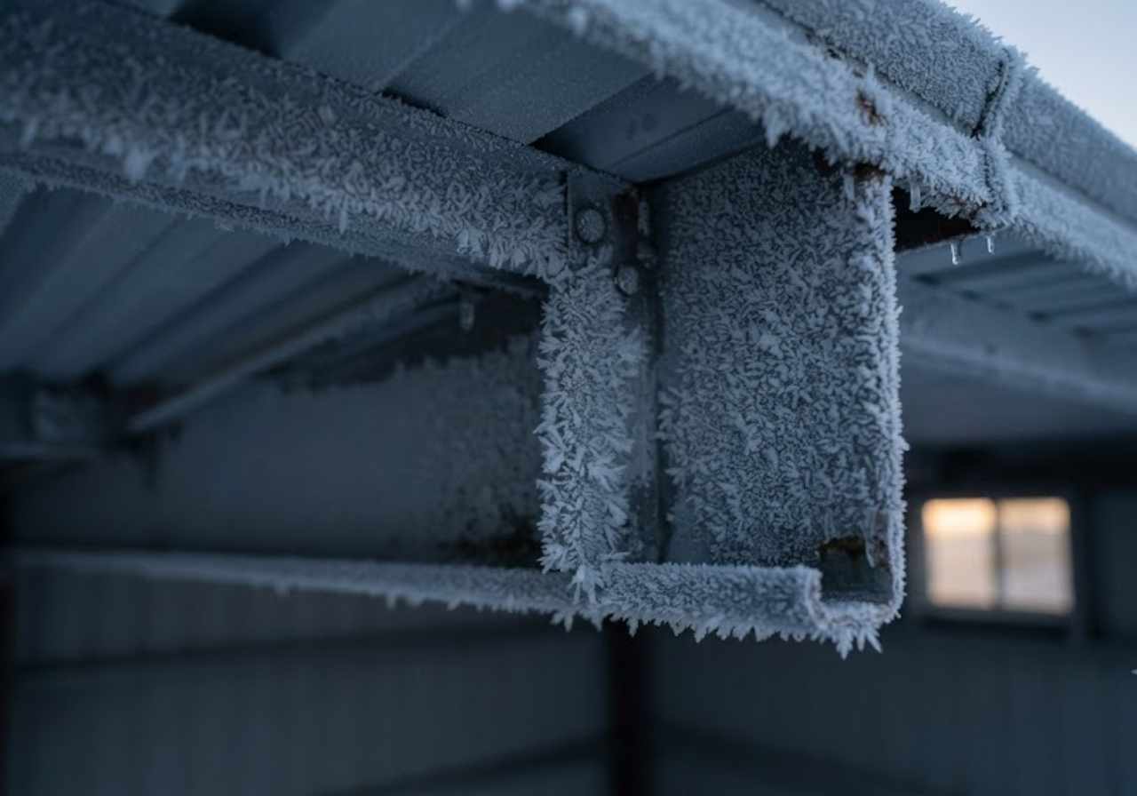 Frost on a steel roof purlin inside a Denver area shop