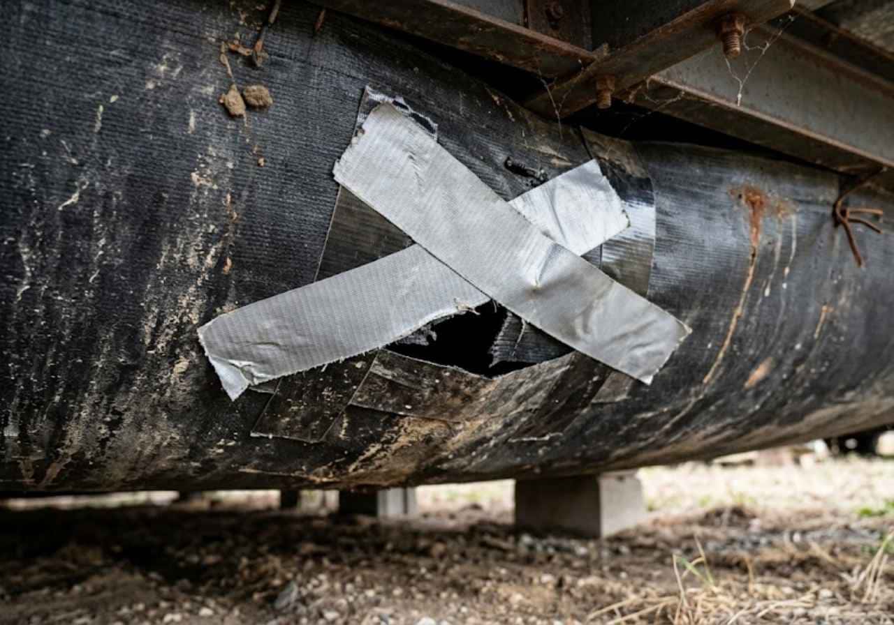 Wet insulation hanging from a torn mobile home belly