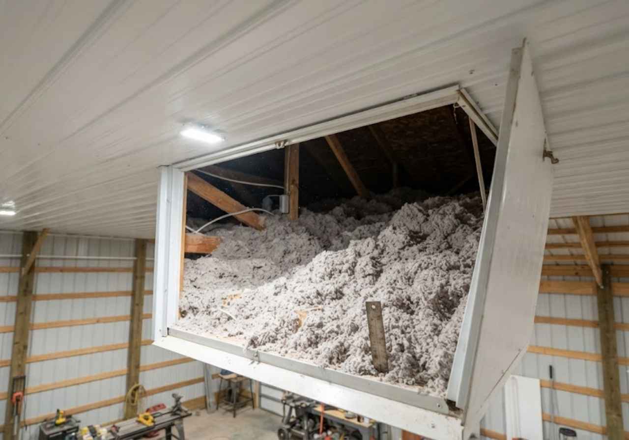 Blown insulation above a flat pole barn ceiling
