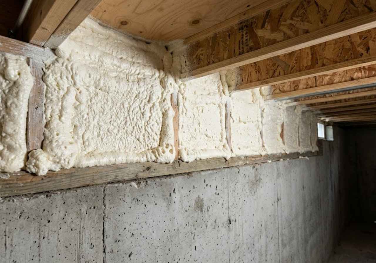 Closed-cell spray foam sealing a rim joist