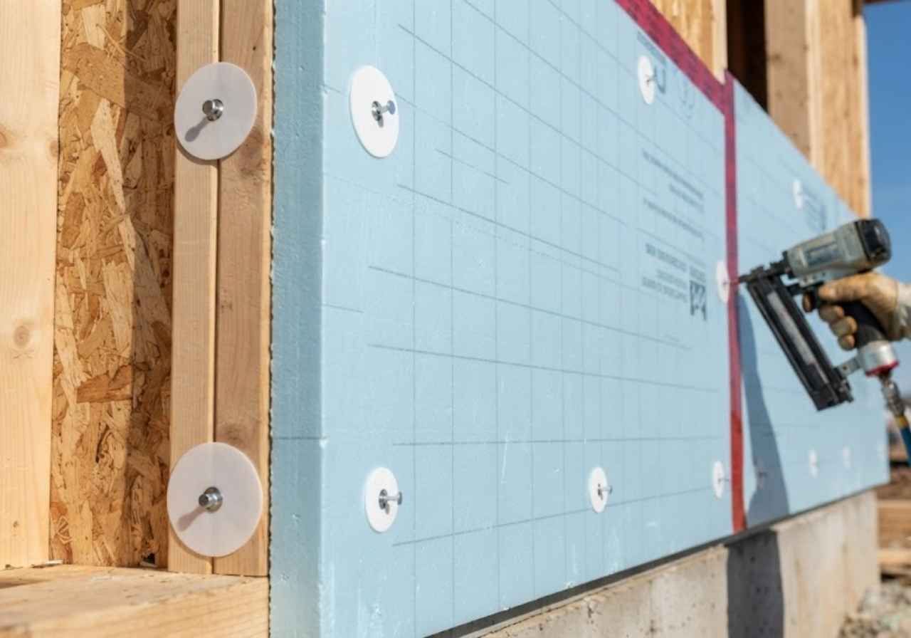 Construction worker uses a pneumatic nail gun to fasten blue insulated foam boards to a wooden framed wall on a building site.