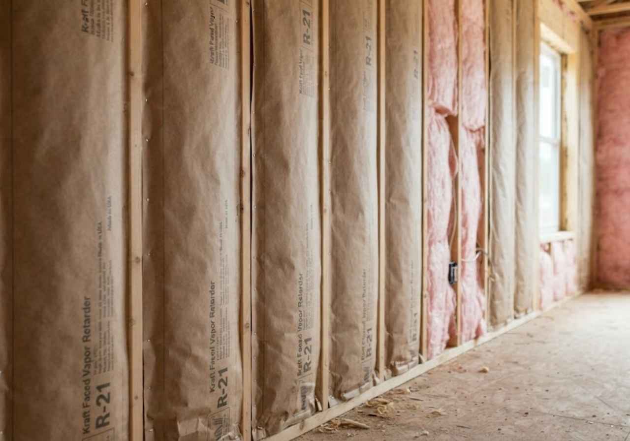 Kraft-faced R21 batts stapled to exterior wall studs