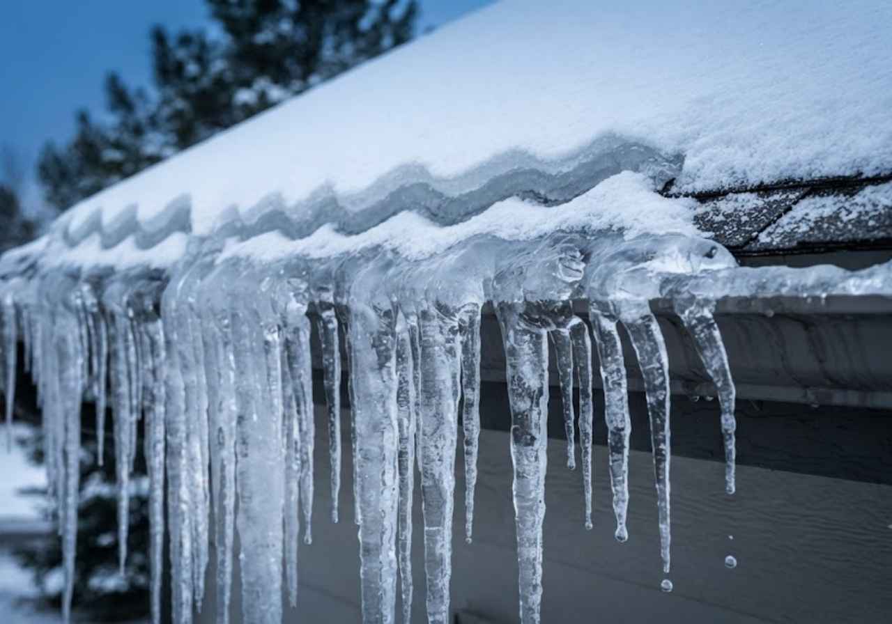 Ice dam and icicles on a Denver roof cave