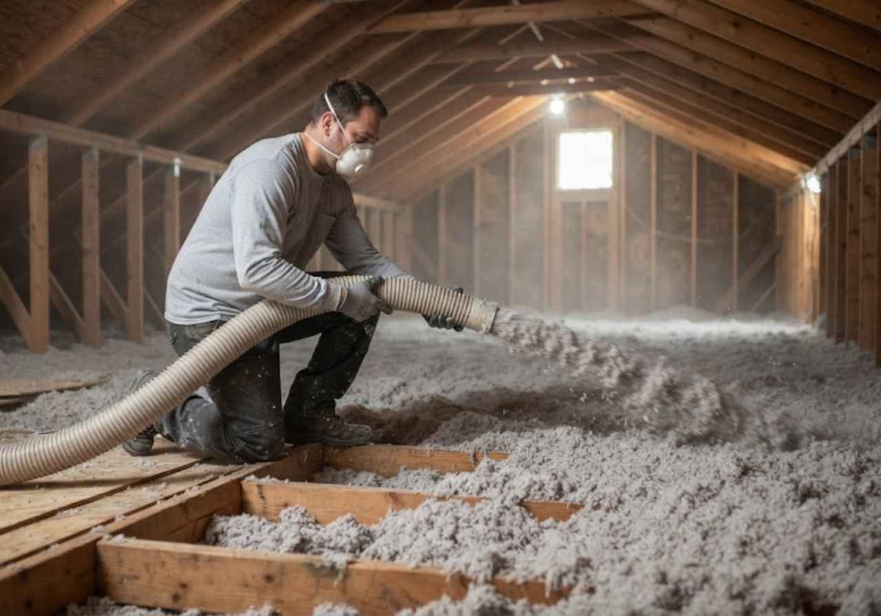 Installer blowing attic insulation past R38 in a Denver home