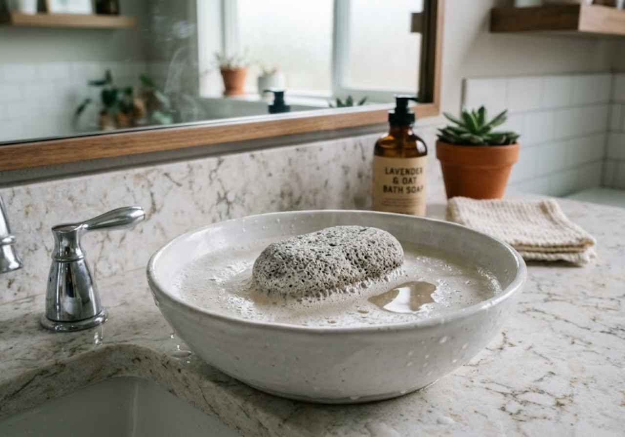 Pumice stone and soapy water for cured spray foam