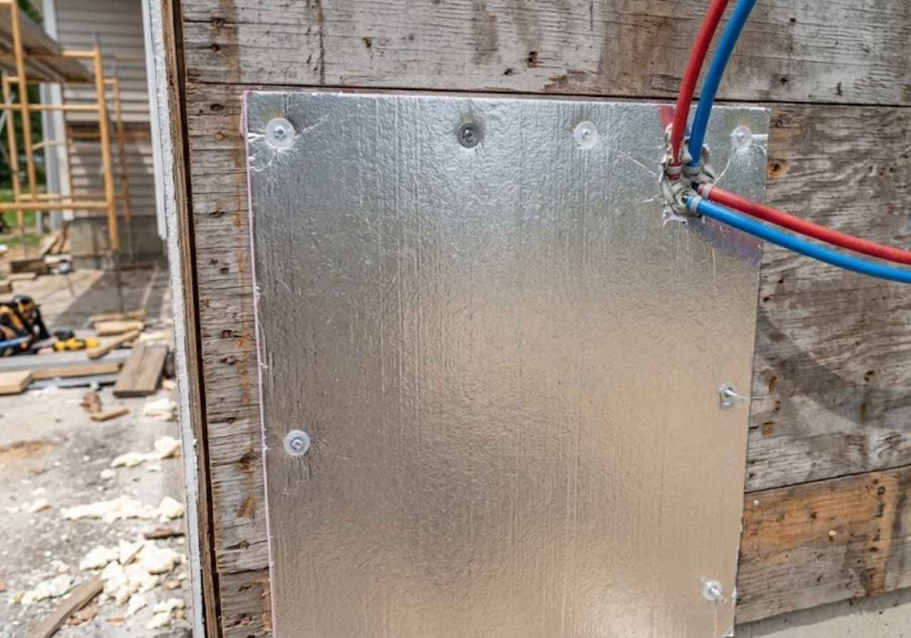 Foil-faced foam board over exterior wall sheathing