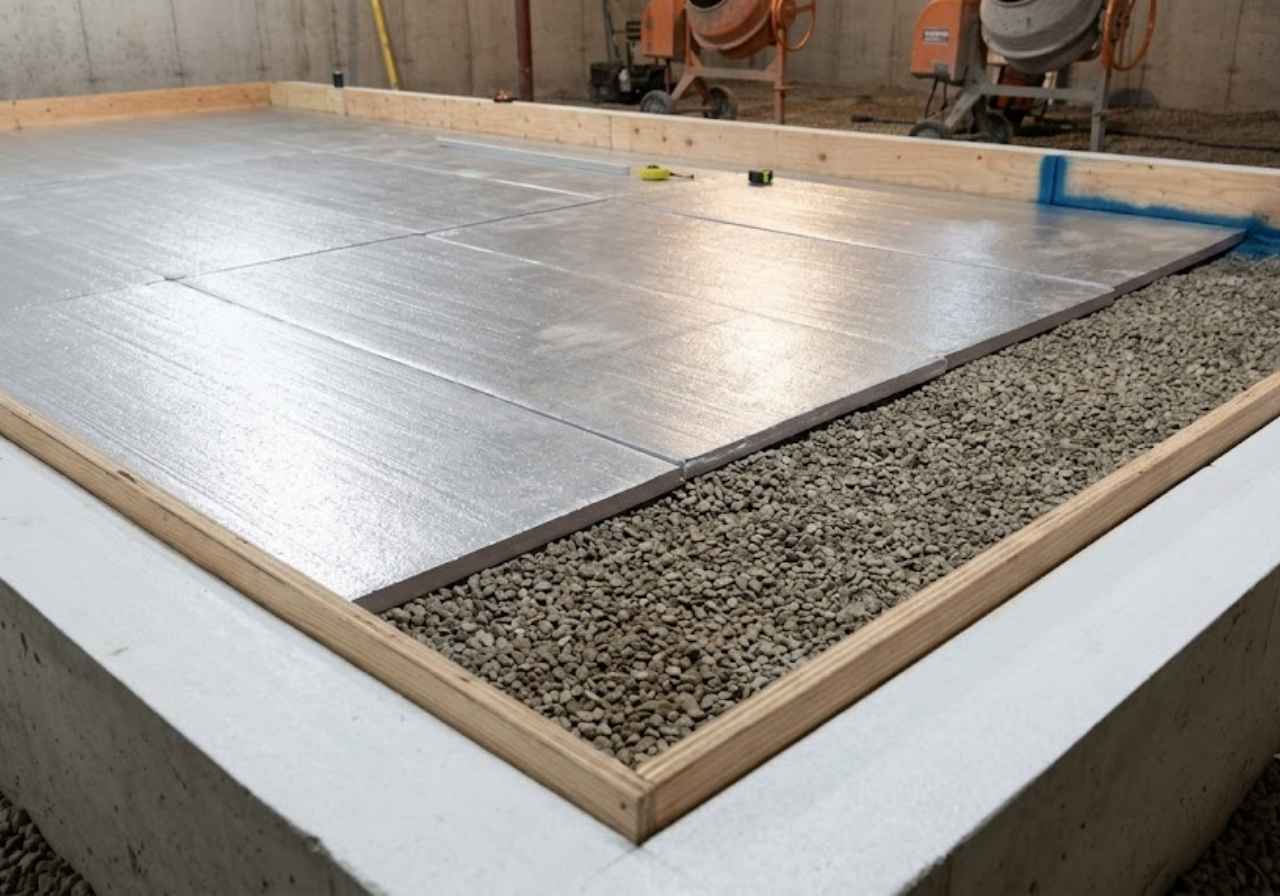 Rigid foam board laid under a basement slab