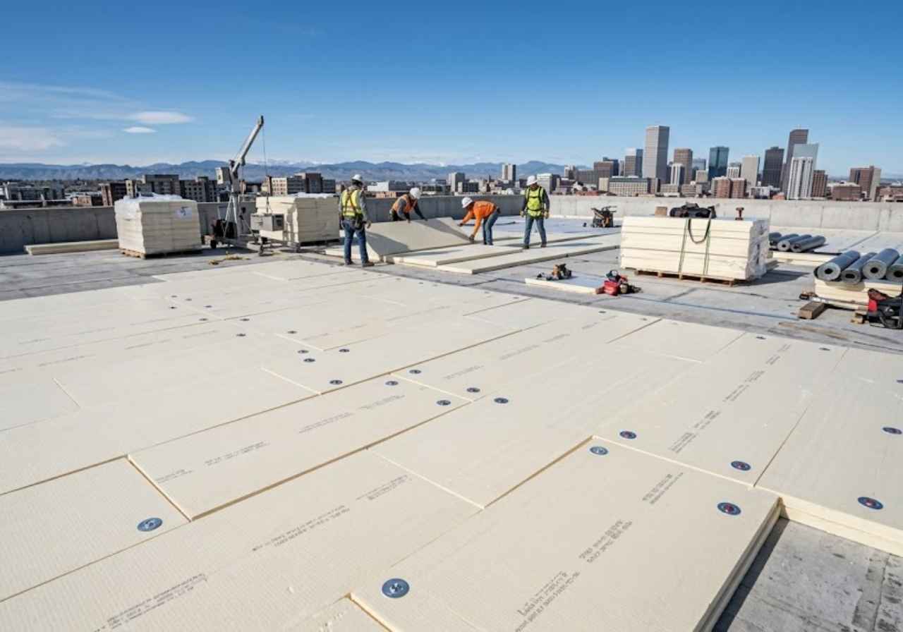 Polyiso boards on a flat roof during a re-roof