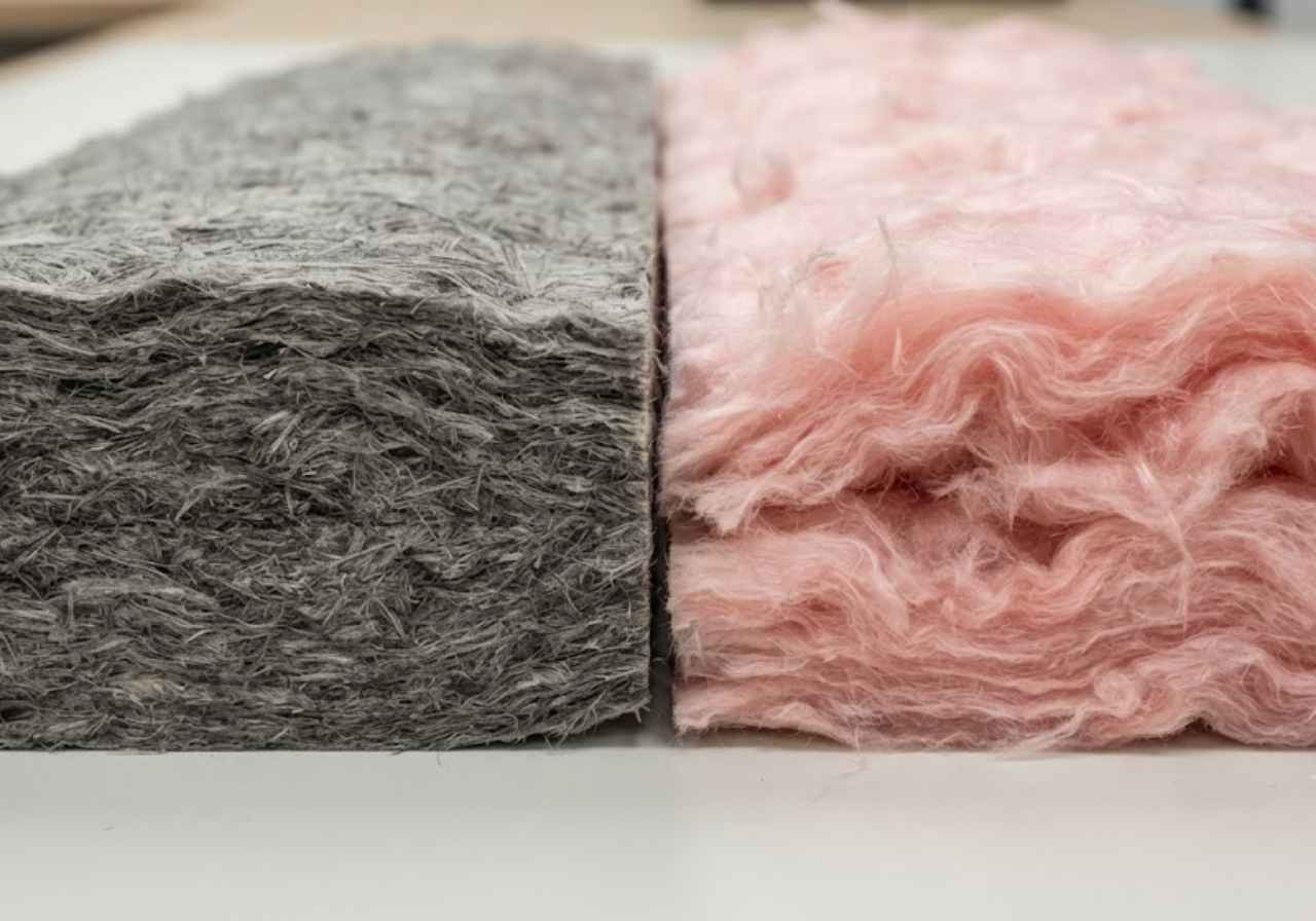 Two rectangular rolls of fluffy insulation material, gray on the left and pink on the right, placed side by side on a white surface.