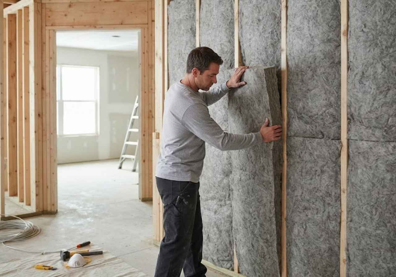 Installer fitting mineral wool into a Denver bedroom wall for sound control