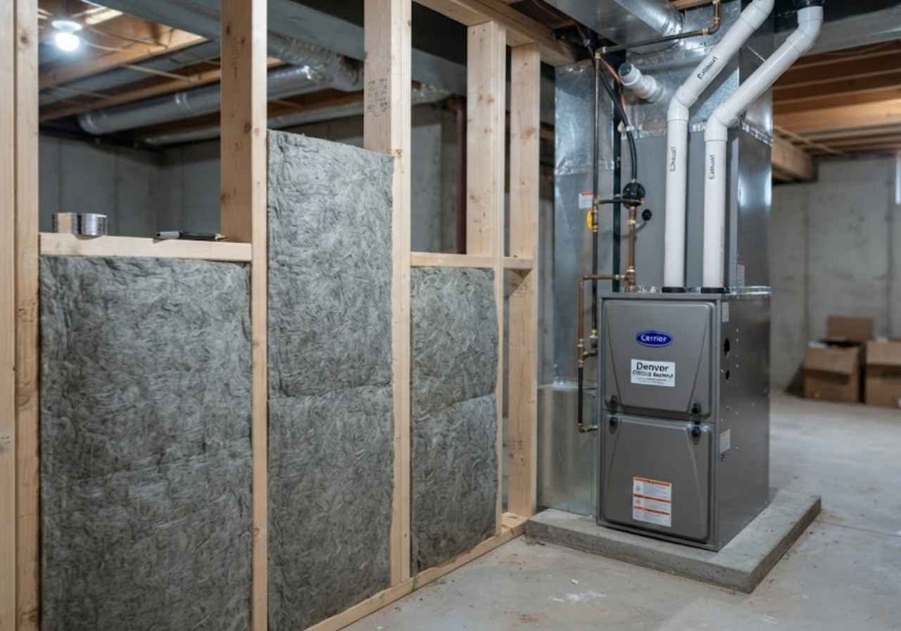 Basement utility area with a gas furnace on a concrete pad beside unfinished stud walls and insulation panels.