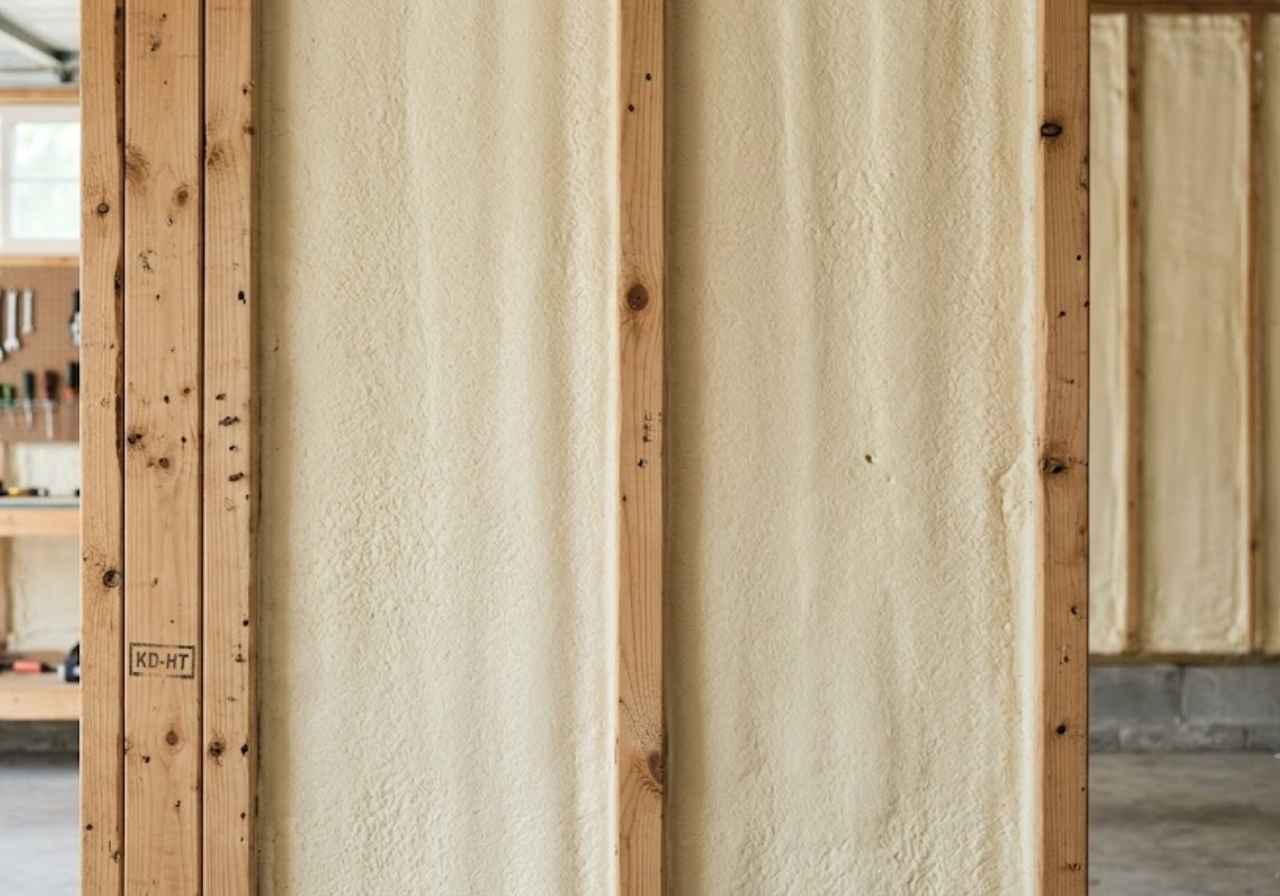 Unfinished interior with wooden studs and spray foam insulation between them